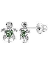 cute silver green sea turtle baby birthstone earrings